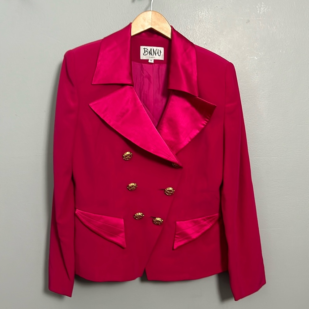 Vintage Banu Paris Fuchsia Double Breasted Satin Blazer size 12